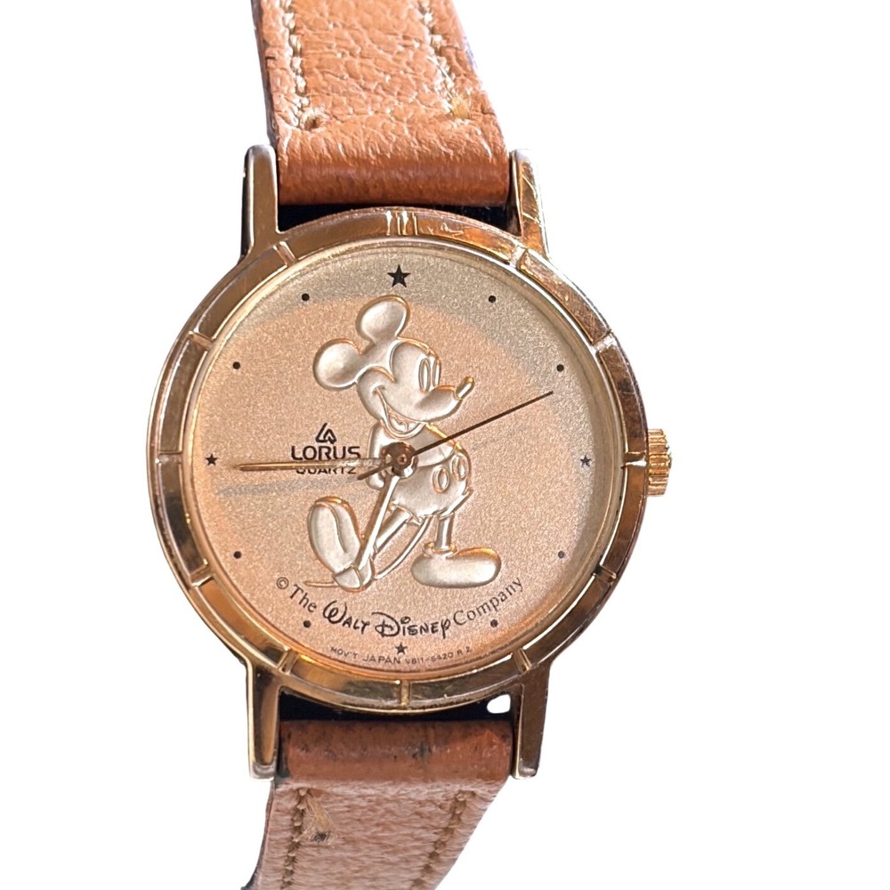 Vintage Lorus Mickey Mouse Watch Gold Tone 2 Leather Strap Disney NEW BATTERY